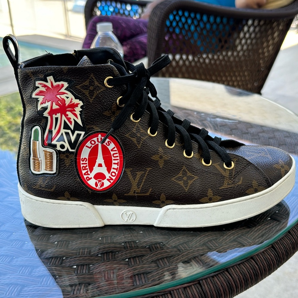 Louis Vuitton brown monogram canvas and Black leather high top sneakers